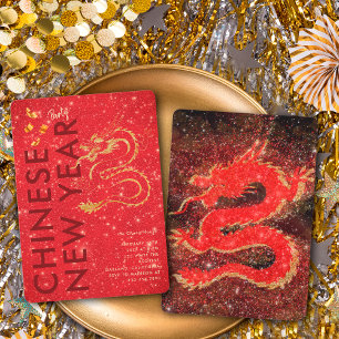 Rot Gold Glitter Drache Lunar Neujahrsfeier Einladung