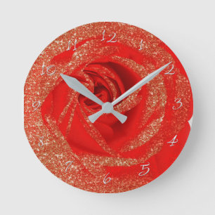 Rot Gold Glitter Rose Weiß Holz Shabby Chic Runde Wanduhr