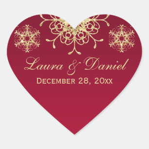 Rot, Gold Glitzer sieht Snowflake Hochzeitsticker Herz-Aufkleber