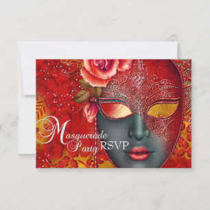 Rot & Gold Glitzermaske Masquerade-Party RSVP Karte