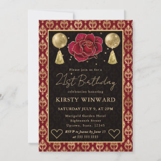 Rot & Gold Herz Damast & Rose 21. Geburtstag Einladung