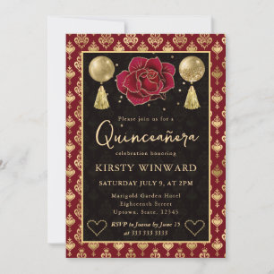 Rot & Gold Herz Damast & Rose Quinceanera Einladung