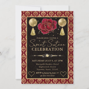 Rot & Gold Herz Damast & Rose Sweet Sixteen Einladung