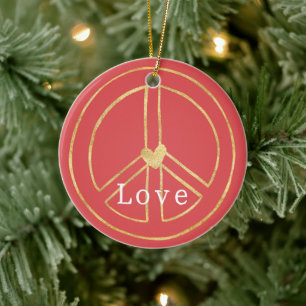 Rot Gold Herz Friedenszeichen Liebe Weihnachten Keramik Ornament
