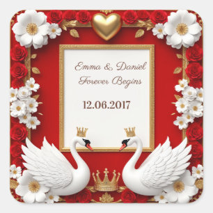 🦢 Rot Gold Perlen Schwan Hochzeit ✨ Quadratischer Aufkleber