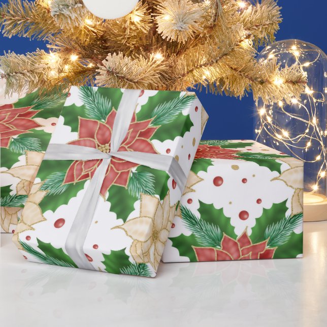 ROT & GOLD POINTSETTIA CHRISTMAS BLOOMS GESCHENKPAPIER (Feiertage)