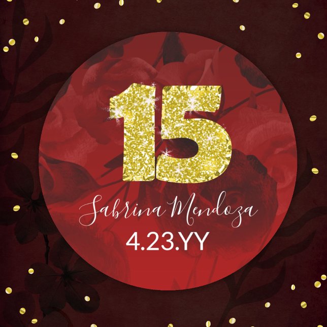 Rot, Gold Quinceanera Gold #15 Round Sticker (elegant red quinceanera sticker with gold, glitter number 15, mis quince anos, personalized label)