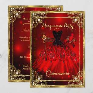 Rot gold Quinceanera-Kleid Maskenball Einladung