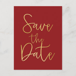 Rot & Gold SAVE THE DATE Moderne Skript-Postkarte Ankündigungspostkarte