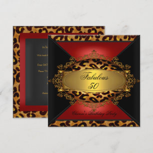 Rot Gold Schwarz Leopard Geburtstagsfeier 50. 50 2 Einladung