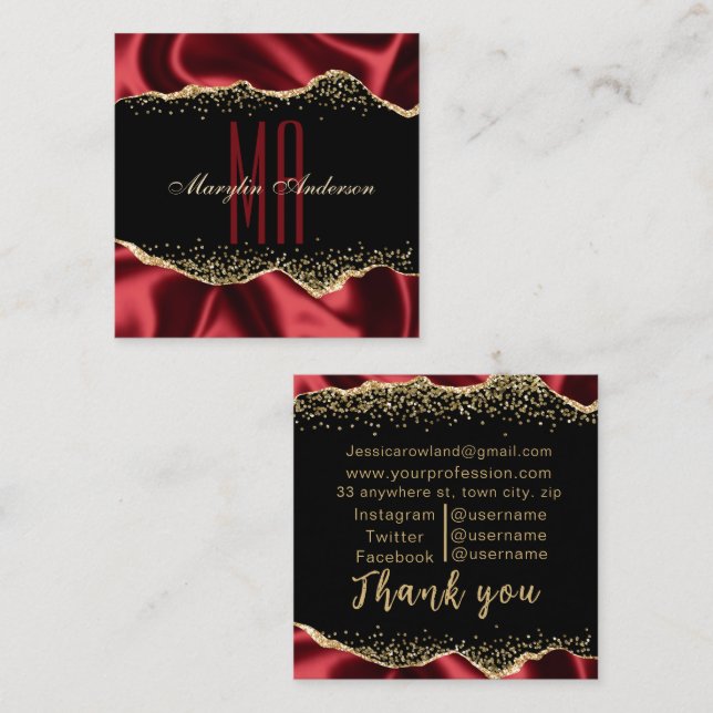 ROT & GOLD SHIMMER SATIN BORDERS CUSTOM MONOGRAM QUADRATISCHE VISITENKARTE (Vorne/Hinten)