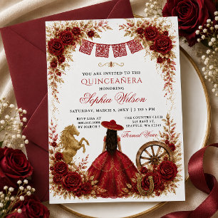 Rot Gold Western Pferd Floral Charra Quinceañera Einladung