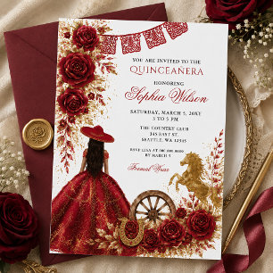 Rot Gold Western Pferd Floral Charra Quinceañera Einladung
