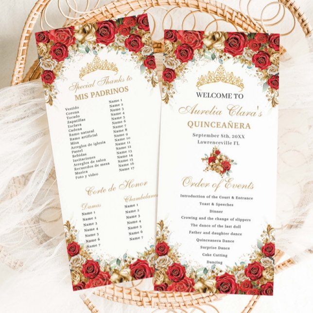Rot-goldene Blumen-Quinceanera-Ablauf der Ereignis Programm (Von Creator hochgeladen)