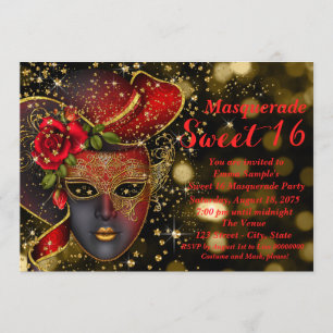 Rot-goldene Glitzer-Maskenball-Party Einladung