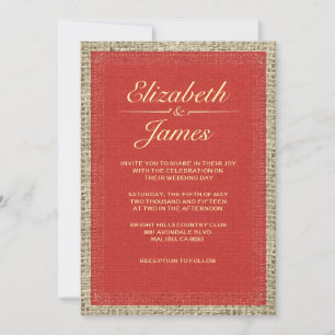 Rot-goldene Hochzeitskarten aus Vintage-Burlap Einladung