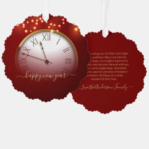 Rot-Goldene Neujahrskarte mit Mitternachtsuhr Ornament Karte