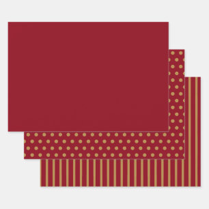Rot-goldene Polka-Punkte-Streifen einfarbig Geschenkpapier Set