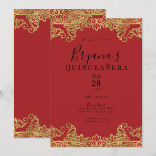 Rot-goldene Spitze Elegante Quinceañera-Party Einladung