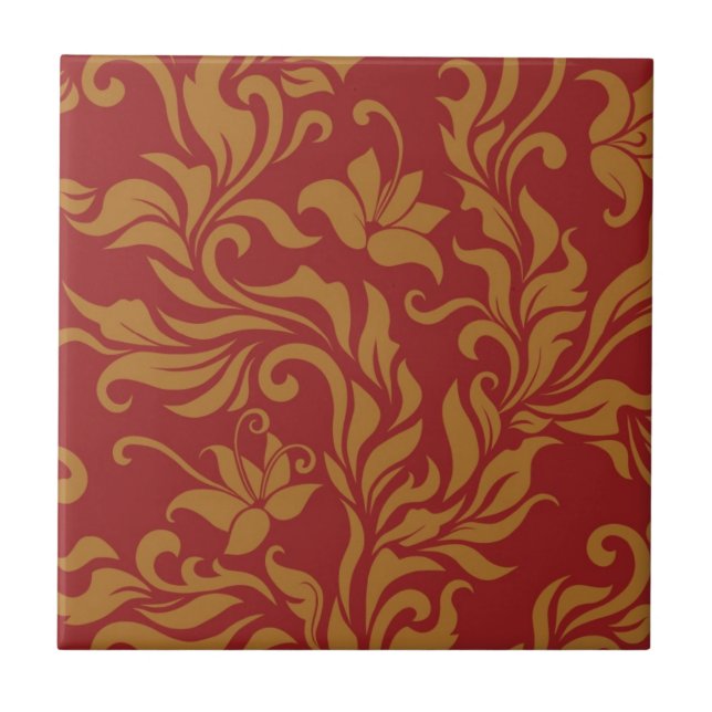 Rot-goldenes Blumenmuster Fliese (Vorderseite)