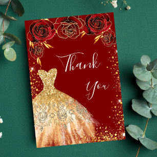 Rot goldenes Kleid Blumen Glitter Geburtstag Dankeskarte