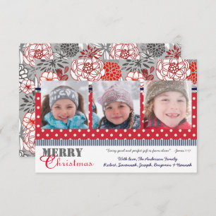 Rot, Grau, Marine Blume 3 Fotos-3x5Weihnachtskarte Einladung