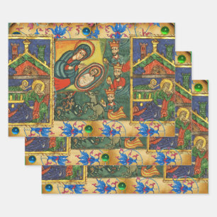 ROT GREEN BLUE FLORAL NATIVITY CHRISTMAS PARCHMENT GESCHENKPAPIER SET