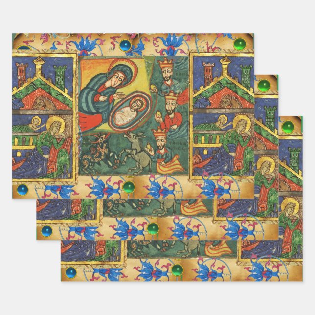 ROT GREEN BLUE FLORAL NATIVITY CHRISTMAS PARCHMENT GESCHENKPAPIER SET (Set)