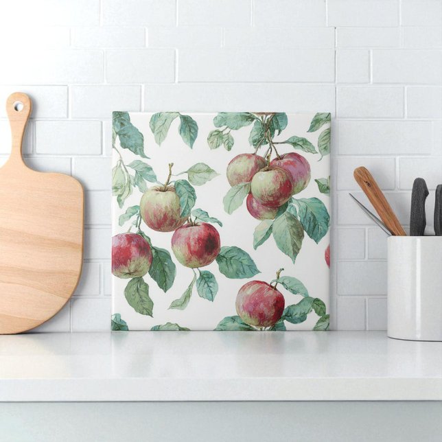 Rot Grün Apfel Frucht Muster Wasserfarbe Rustikal  Fliese (Red Green Apple Fruit Pattern Watercolor Rustic Ceramic Tile)