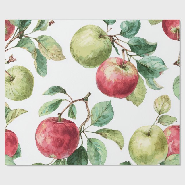 Rot Grün Apfel Frucht Muster Wasserfarbe Rustikal  Geschenkpapier (Flach)