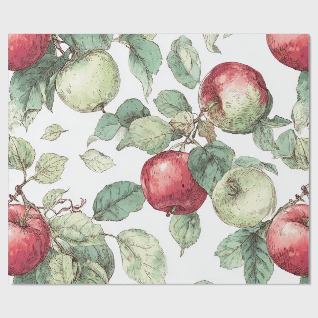 Rot Grün Apfel Frucht Muster Wasserfarbe Rustikal  Geschenkpapier (Flach)