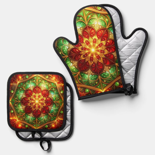 Rot Grün Dekorativ Ofenhandschuh & Topflappen-Set (Vorderseite/Rückseite)