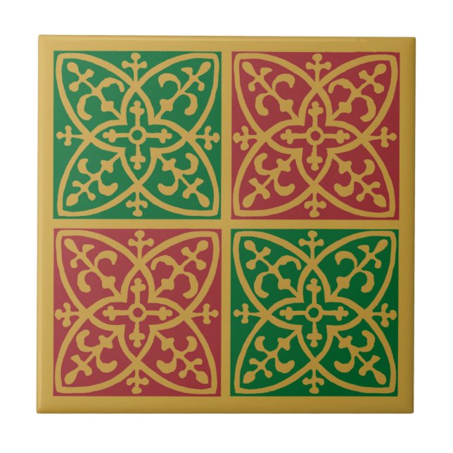 Rot Grün Feiertag Fleur de Lis Musterfliese Fliese (Vorderseite)