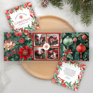 Rot Grün Festliche Chinoiserie 4 Foto Weihnachten Dreifach Gefaltete Urlaubskarte