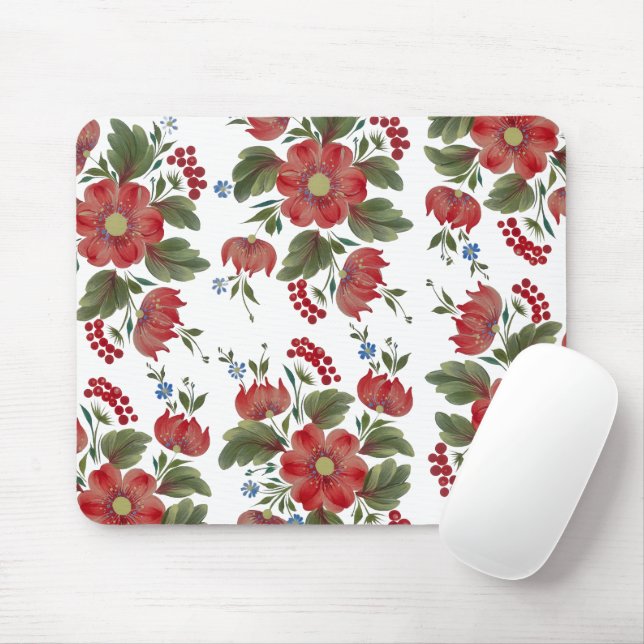 Rot & Grün Florales Volkskunst-Mauspad Mousepad (Mit Mouse)
