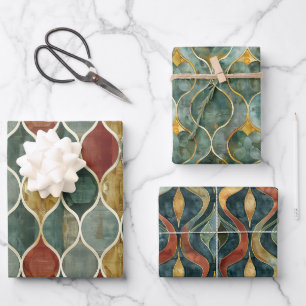 Rot, Grün, Gold Arabesque 3 Faltschachteln Geschenkpapier Set