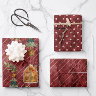 Rot Grün Gold Vintage-Weihnachtshäuser Geschenkpapier Set