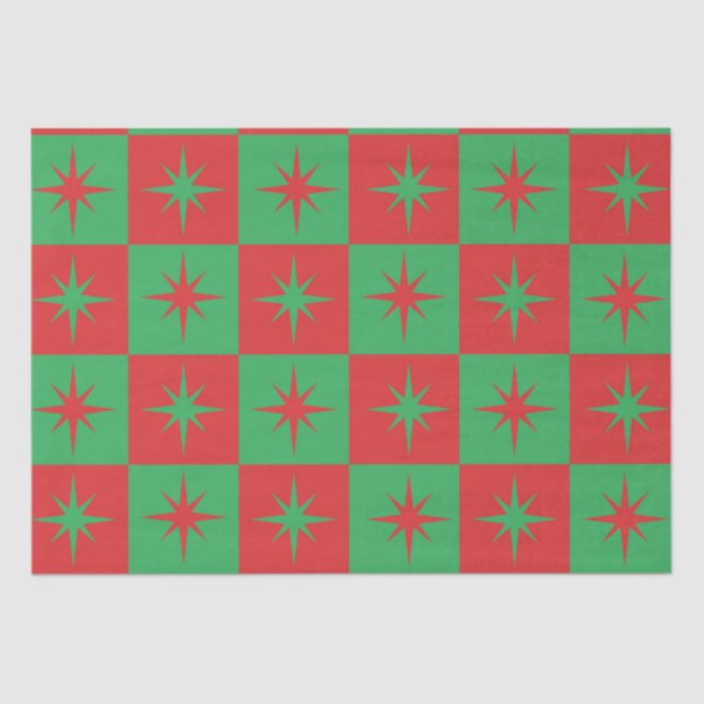 Rot grün karierte Retro Weihnachten Sternexplosion Seidenpapier (Vorderseite)