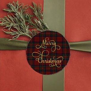 Rot-grün karierter Weihnachtsaufkleber im Tartan-M Runder Aufkleber