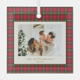 Rot-grün karierter Weihnachtsfamilienfoto-Andenken Ornament Aus Glas