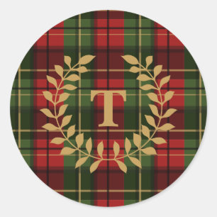 Rot-grün kariertes Tartan-Muster mit Monogramm Runder Aufkleber