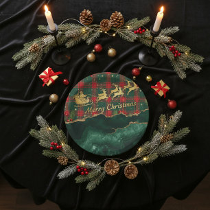 Rot-grün kariertes Weihnachtsmann-Schlitten-Frohe Pappteller