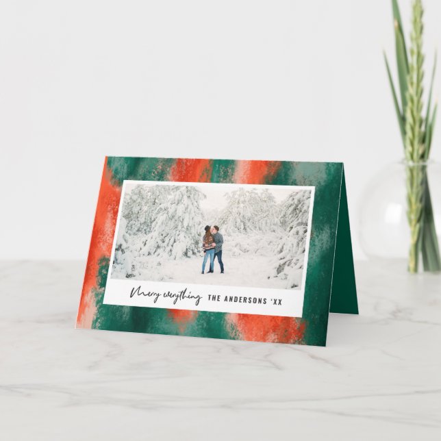 Rot + Grün Moderne abstrakt bemalten Foto Urlaub Feiertagskarte (Vorderseite)