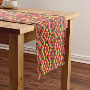 Rot-Grün-Orange-Gelb-Schwarz-Tribal-Art-Muster Kurzer Tischläufer