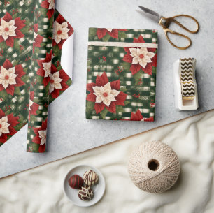 Rot Grün Poinsettia Gingham Muster Geschenk Geschenkpapier