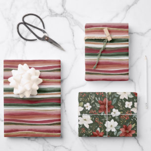 Rot Grün Rosafarben Weiße Streifen Floral Geburtst Geschenkpapier Set