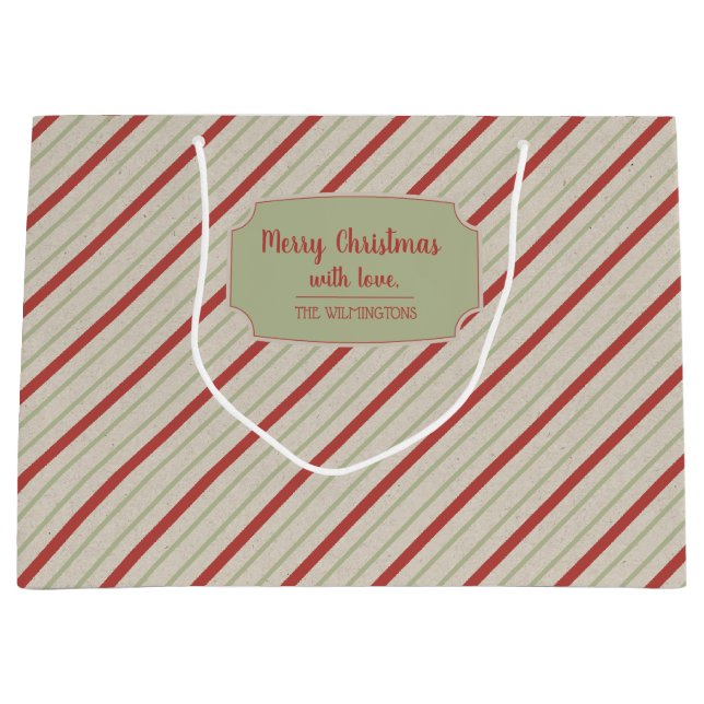 Rot, Grün und Beige Streifen Große Geschenktasche Geschenktüte (Vorderseite)