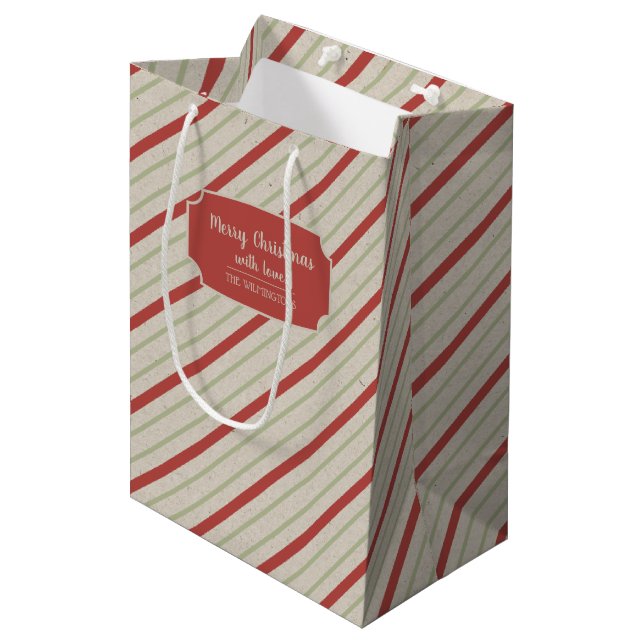 Rot, Grün und Beige Streifen Mittlere Geschenktüte (Vorderseite Schrägansicht)