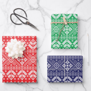 Rot, Grün und Blau Winter Fair Isle Weihnachten Geschenkpapier Set