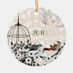 Rot & Grün Vintage Vögel & Vogelkäfig auf Damast Keramik Ornament